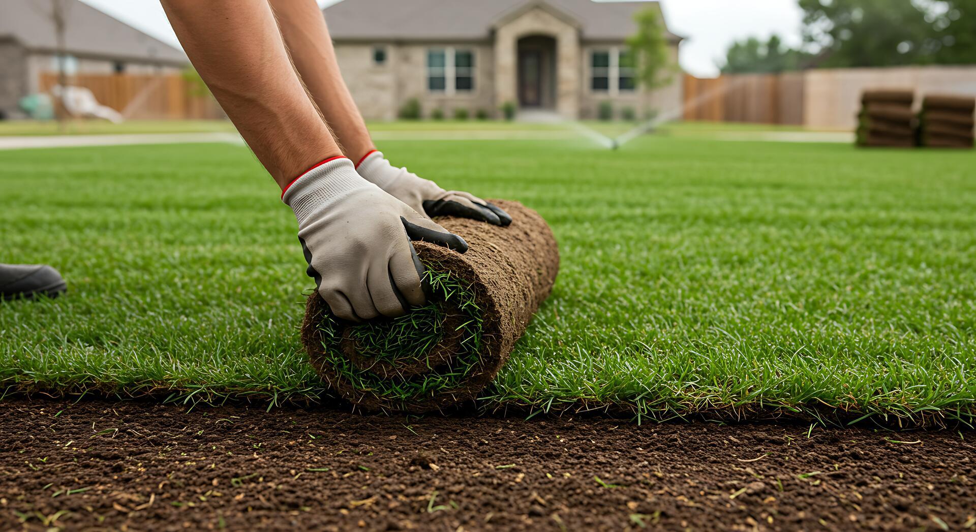 Professional sod installation with St. Augustine grass on a residential lawn in Spring, TX