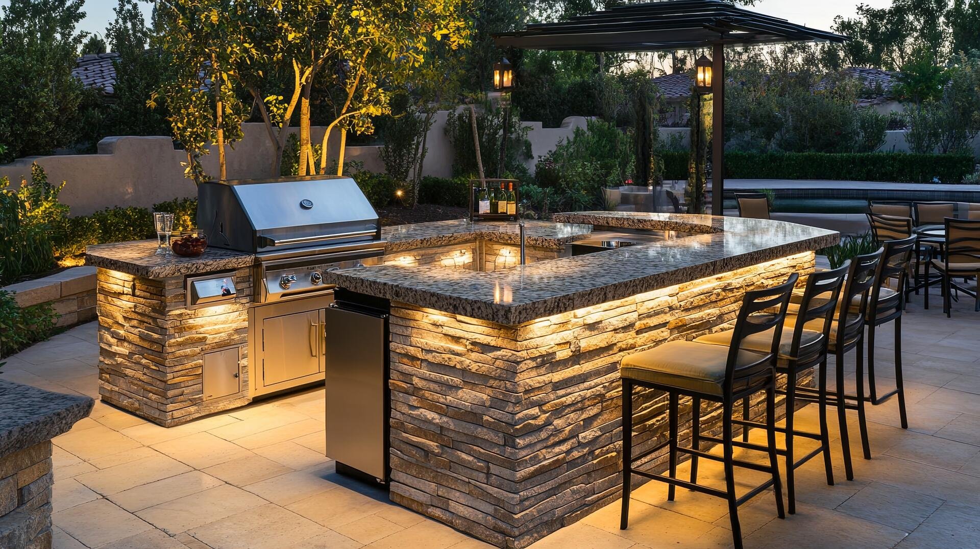 Custom outdoor kitchen with built-in grill and granite countertops in The Woodlands, TX
