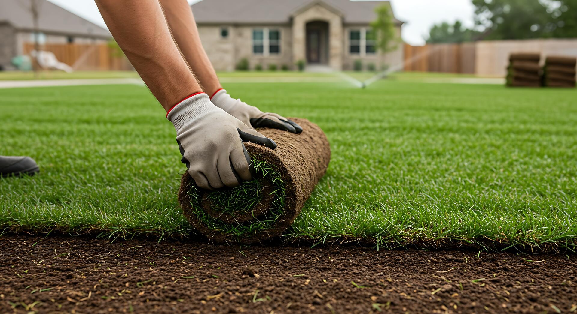 Professional sod installation with St. Augustine grass on a residential lawn in Spring, TX