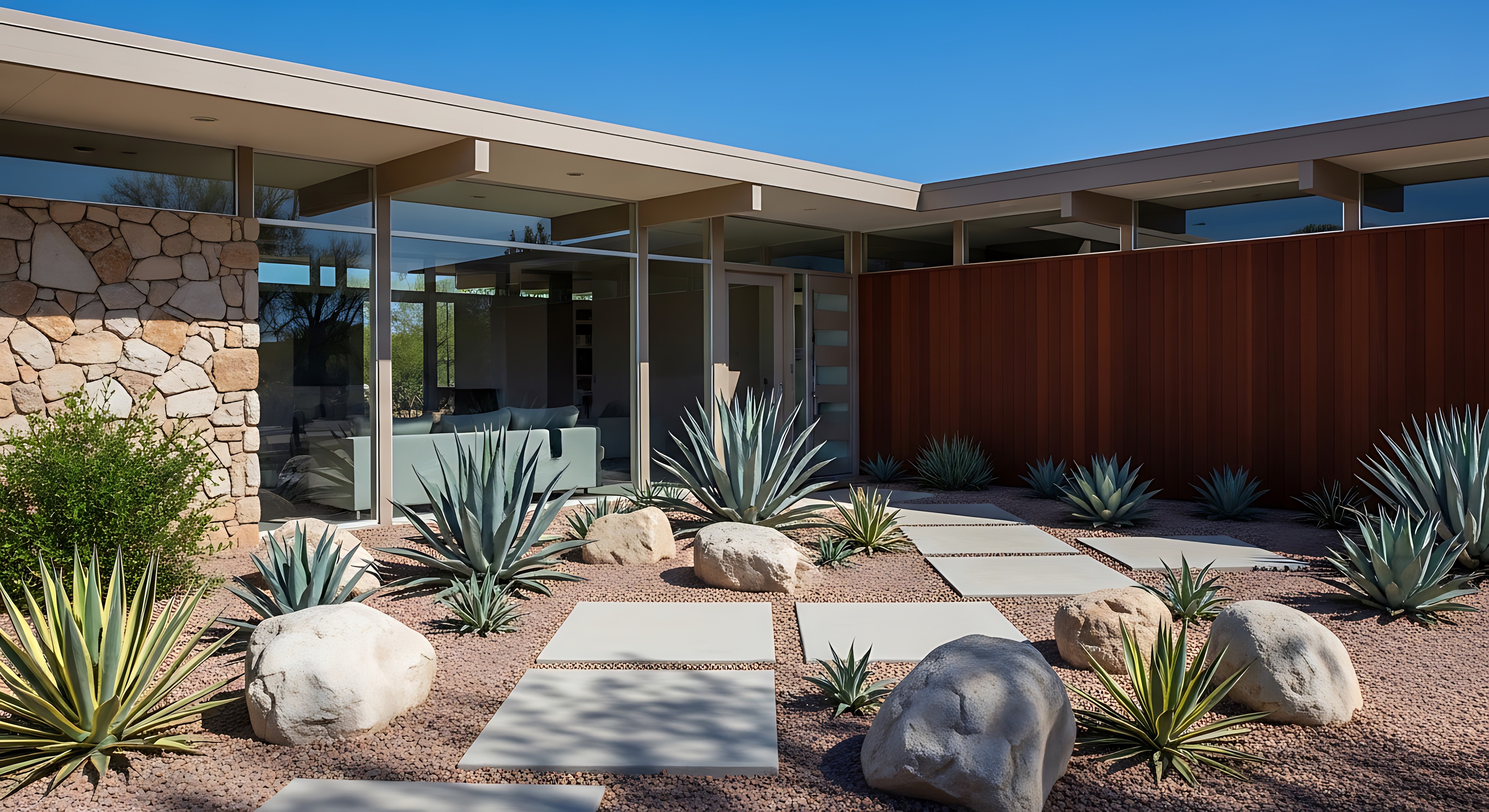 Low-water xeriscaping design with native Texas plants and decorative stone in Spring, TX